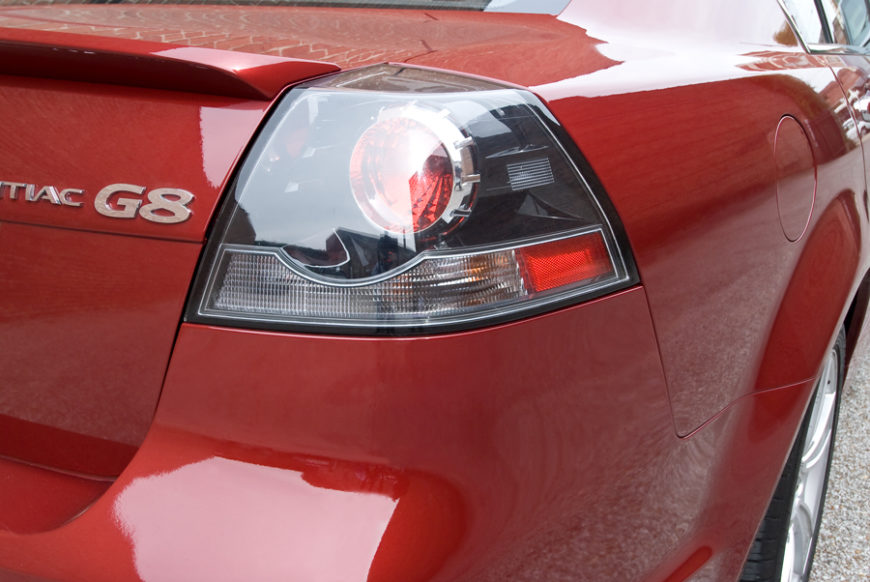 The tail light of a Pontiac G8, at an angle